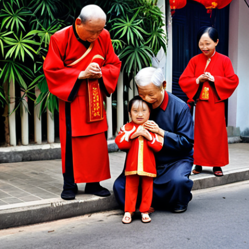 Home 4 Traditional Vietnamese Greetings**
Prompt: A vibrant street scene in Hanoi, Vietnam. Focus on a family greeting their grandparents during Tet (Lunar New Year). Show the children "chắp tay" (hands clasped) and bowing slightly, while the grandparents smile warmly. Include red envelopes (lì xì) and traditional Vietnamese clothing (áo dài). Capture the feeling of respect and family love.
**
