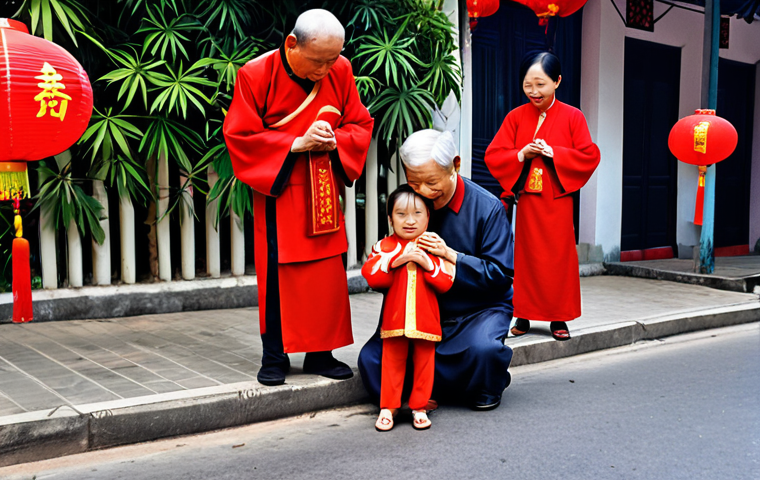Traditional Vietnamese Greetings**
Prompt: A vibrant street scene in Hanoi, Vietnam. Focus on a family greeting their grandparents during Tet (Lunar New Year). Show the children "chắp tay" (hands clasped) and bowing slightly, while the grandparents smile warmly. Include red envelopes (lì xì) and traditional Vietnamese clothing (áo dài). Capture the feeling of respect and family love.
**