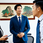 **

A diverse group of business professionals in a modern office setting, engaging in a meeting. Focus on positive non-verbal cues: active listening, nodding, open postures. The scene emphasizes cross-cultural understanding and respect. Participants are fully clothed in appropriate business attire. Include a subtle display of local Vietnamese art in the background. safe for work, appropriate content, fully clothed, professional, modest, perfect anatomy, natural proportions, professional photography, high quality.

**