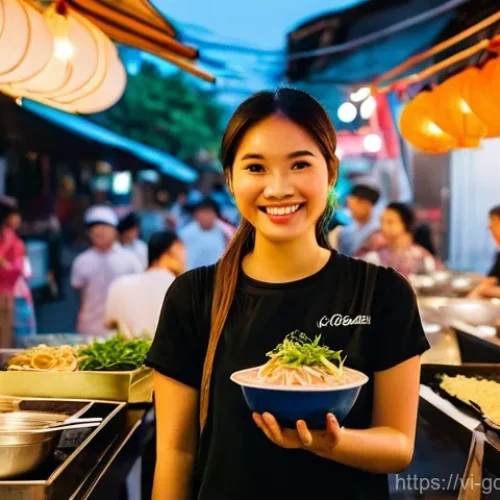 문화적 정체성과 글로벌화 - **Prompt:** A vibrant, bustling Vietnamese street food market scene at dusk. In the foreground, a yo...