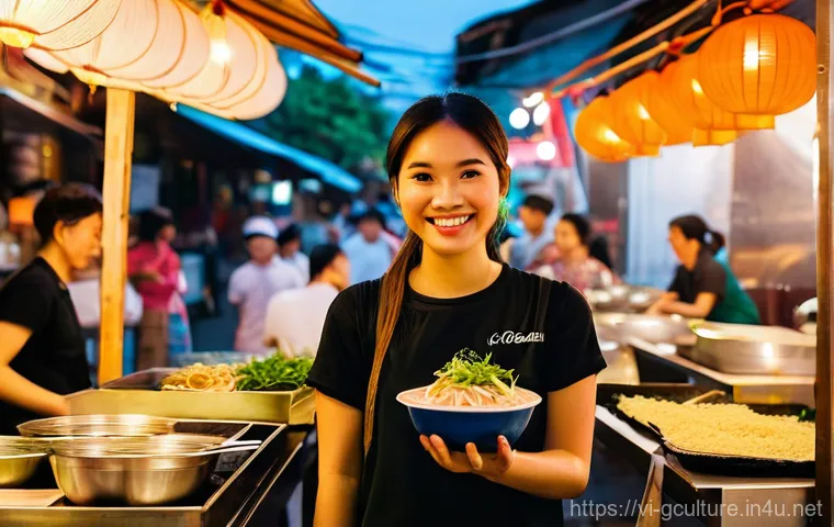 문화적 정체성과 글로벌화 - **Prompt:** A vibrant, bustling Vietnamese street food market scene at dusk. In the foreground, a yo...