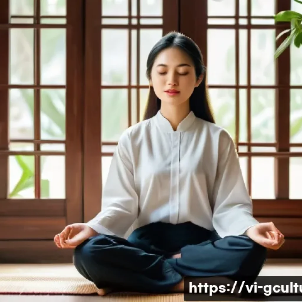 문화적 충격 극복 방법 - A young Vietnamese adult woman sitting peacefully in a traditional Vietnamese home interior, practic...