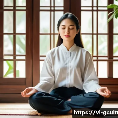 문화적 충격 극복 방법 - A young Vietnamese adult woman sitting peacefully in a traditional Vietnamese home interior, practic...