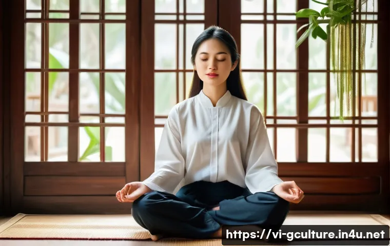문화적 충격 극복 방법 - A young Vietnamese adult woman sitting peacefully in a traditional Vietnamese home interior, practic...