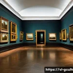 세계적인 미술관과 갤러리 - A serene traditional European art museum interior showcasing classic paintings by Van Gogh, Rembrand...