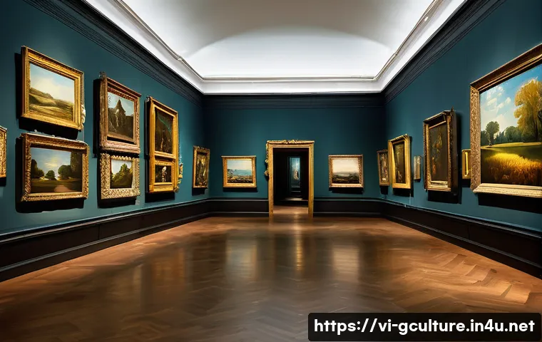 세계적인 미술관과 갤러리 - A serene traditional European art museum interior showcasing classic paintings by Van Gogh, Rembrand...