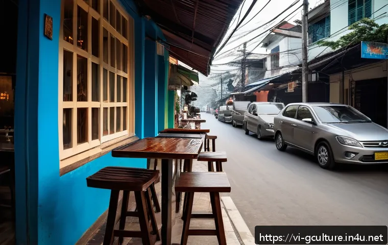 세계적인 커피 문화 비교 - A cozy Vietnamese street-side café scene in the early morning, featuring a traditional phin filter b...