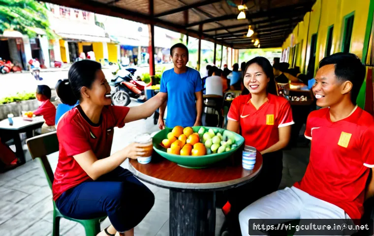 국가별 스포츠 문화 - Photorealistic documentary-style scene of Vietnamese sports culture, multigenerational friends watch...